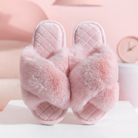 Cross-strap Furry Slippers Warm House Shoes For Women Winter Casual Flip Flops Fluffy Shoes Slides Soft Plush Home Indoor Slippers