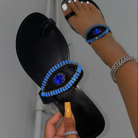 Sapphire Rhinestone Set Toe Flat Slippers