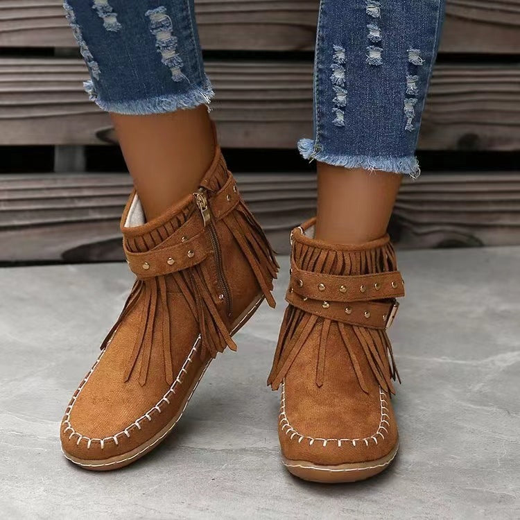 Rivet Tassel Flat Retro Ankle Boots