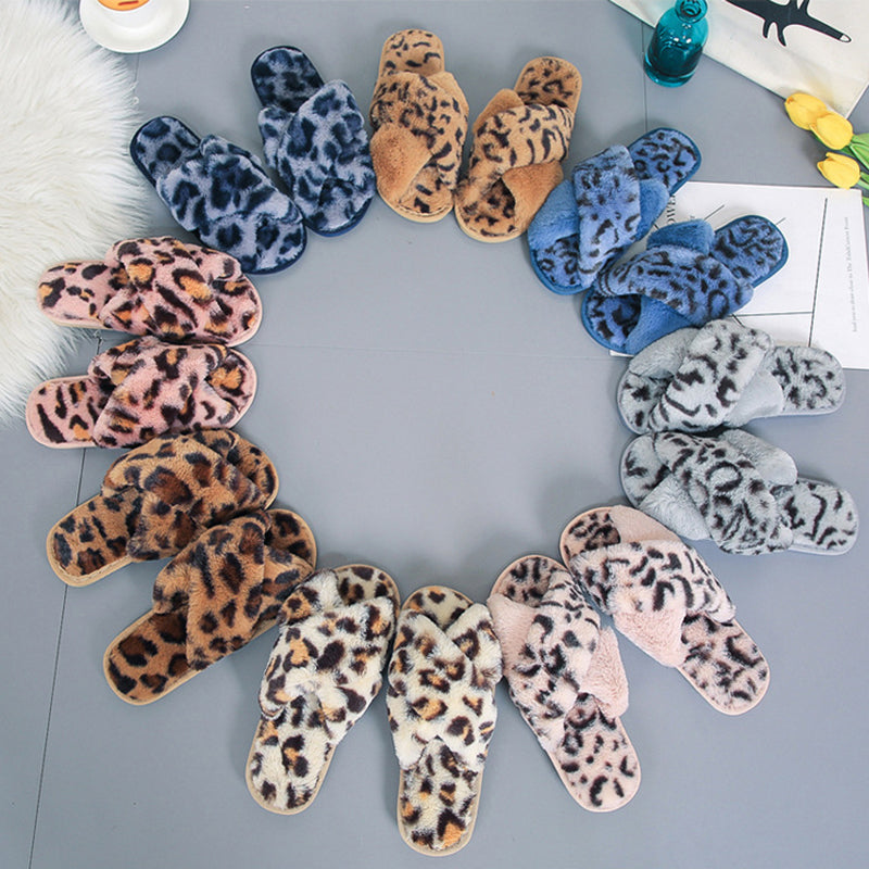 Leopard Plush Cross-strap Fuzzy Slippers