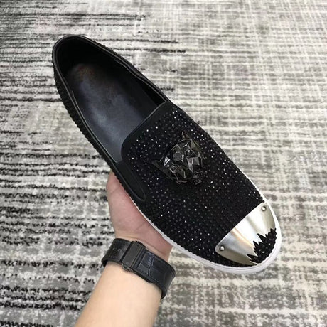 Leather Casual Loafers With Rhinestones