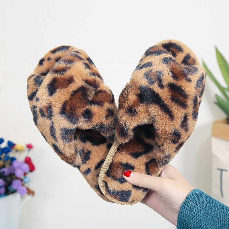 Leopard Plush Cross-strap Fuzzy Slippers