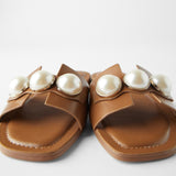 Leather Flat Calfskin Low-heel Sandals With Pearls