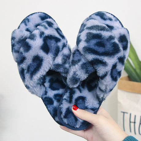 Leopard Plush Cross-strap Fuzzy Slippers