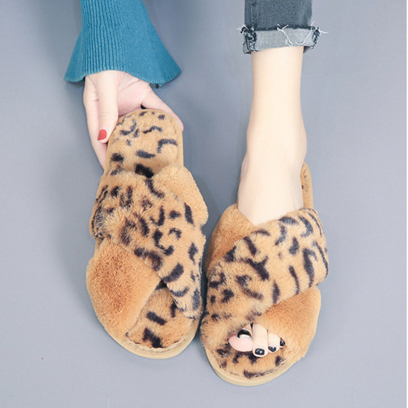 Leopard Plush Cross-strap Fuzzy Slippers