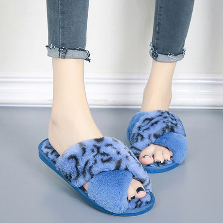 Leopard Plush Cross-strap Fuzzy Slippers