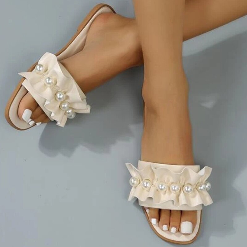 Women Slides Faux Pearl Decor Ruffle Trim Sandals