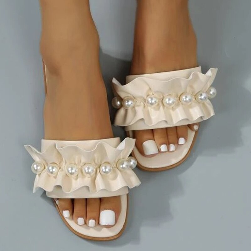 Women Slides Faux Pearl Decor Ruffle Trim Sandals