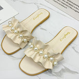 Women Slides Faux Pearl Decor Ruffle Trim Sandals