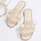 Women Slides Faux Pearl Decor Ruffle Trim Sandals