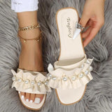 Women Slides Faux Pearl Decor Ruffle Trim Sandals