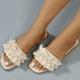 Women Slides Faux Pearl Decor Ruffle Trim Sandals