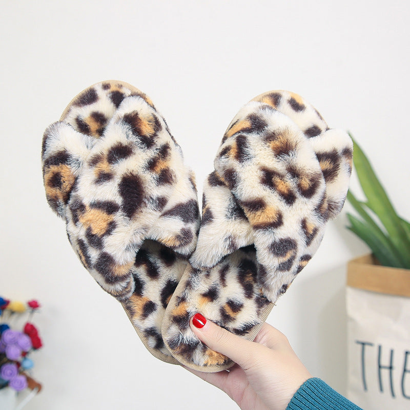 Leopard Plush Cross-strap Fuzzy Slippers