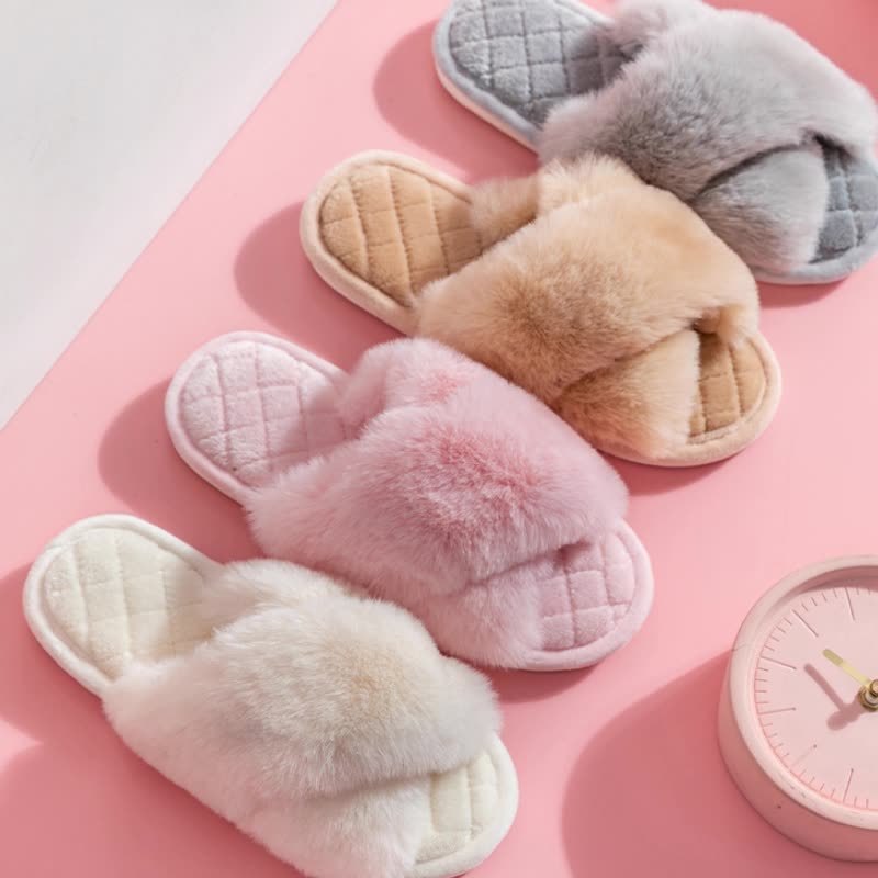 Cross-strap Furry Slippers Warm House Shoes For Women Winter Casual Flip Flops Fluffy Shoes Slides Soft Plush Home Indoor Slippers