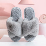 Cross-strap Furry Slippers Warm House Shoes For Women Winter Casual Flip Flops Fluffy Shoes Slides Soft Plush Home Indoor Slippers