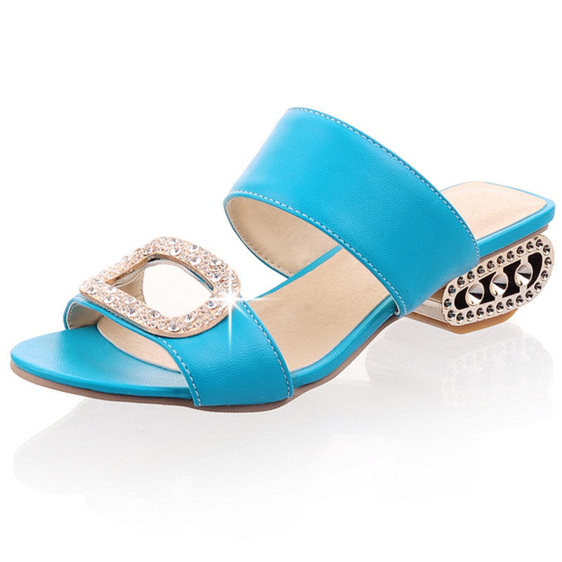 Rhinestone Low-heeled Square Heel One-line Slippers