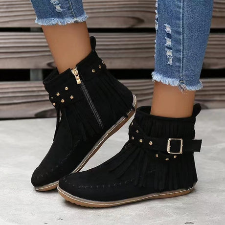 Rivet Tassel Flat Retro Ankle Boots